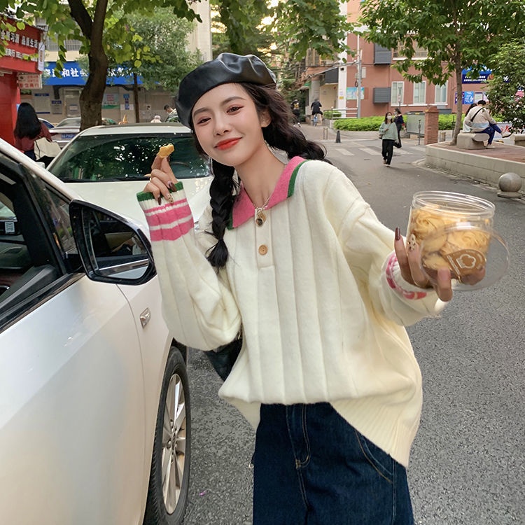 Áo Sweater Dệt Kim Cổ Polo Màu Sắc Tương Phản Thời Trang Thu Đông Cho Nữ
