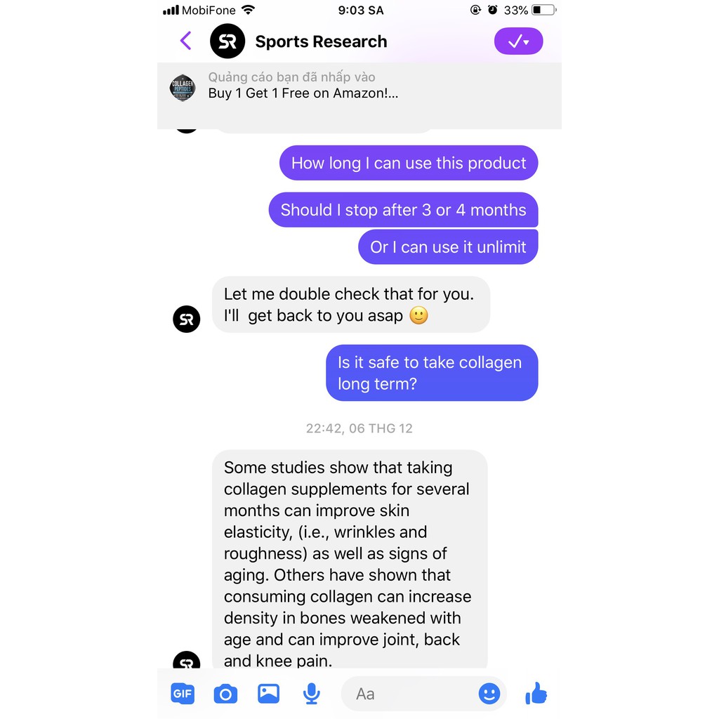 454g KHÔNG MÙI Bột Collagen Sports Research Collagen Peptides UNFLAVORED