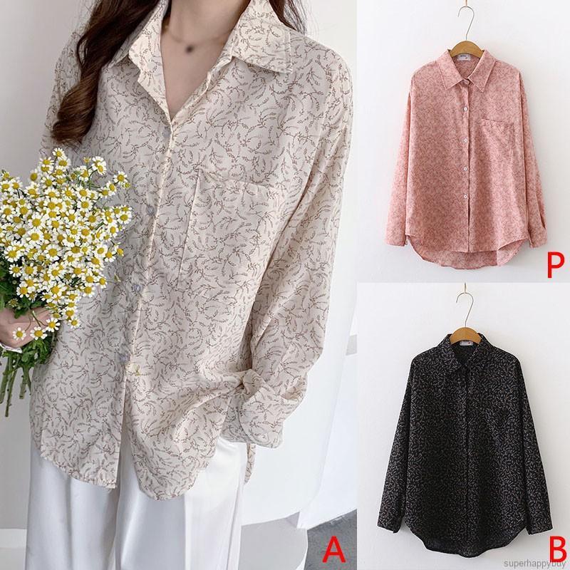 Áo Kiểu Tay Dài Hoạ Tiết Hoa Thiết Kế Dáng Rộng Thoải Mái