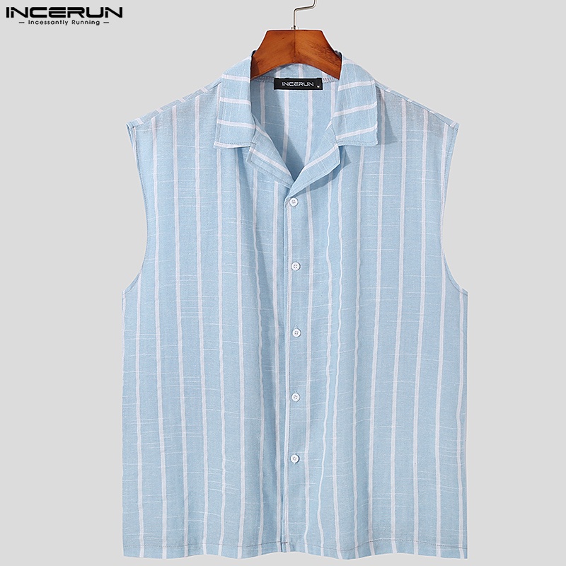 Áo sơ mi INCERUN cotton không tay cổ bẻ kẻ sọc 3 màu thời trang cho nam