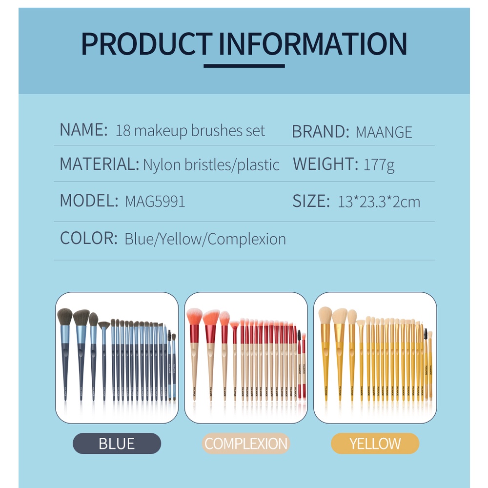 Set 18 cọ trang điểm MAANGE đa năng với lông cọ làm từ nylon bền bỉ dễ sử dụng