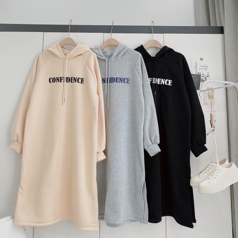 Áo váy Đầm hoodie dáng dài xẻ tà lót bông dày dặn váy suông bầu thu đông | BigBuy360 - bigbuy360.vn
