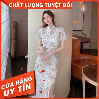 Sườn Xám Cách Tân Dáng Dài Hoa Nhí Xẻ Đùi