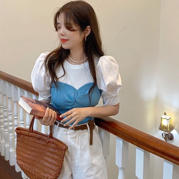 Áo thun nữ ZHELIHANGFEI giả hai lớp tay ngắn phồng phong cách Pháp thời trang mùa hè 2022