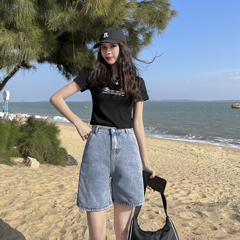 Quần Short Denim Ống Rộng Lưng Cao Thời Trang Mùa Hè Hàn Quốc Dành Cho Nữ