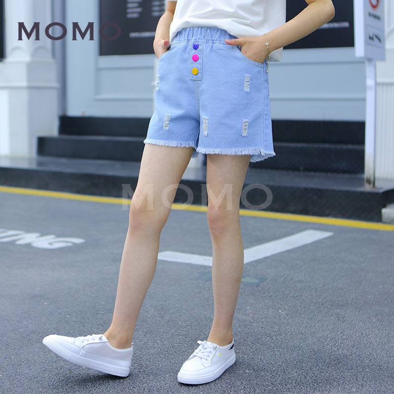 (3-16 Years Old) Children's Fashionable Embroidered Cartoon Denim Shorts Girls' Ripped White All-Matching Outdoor Hot Pants