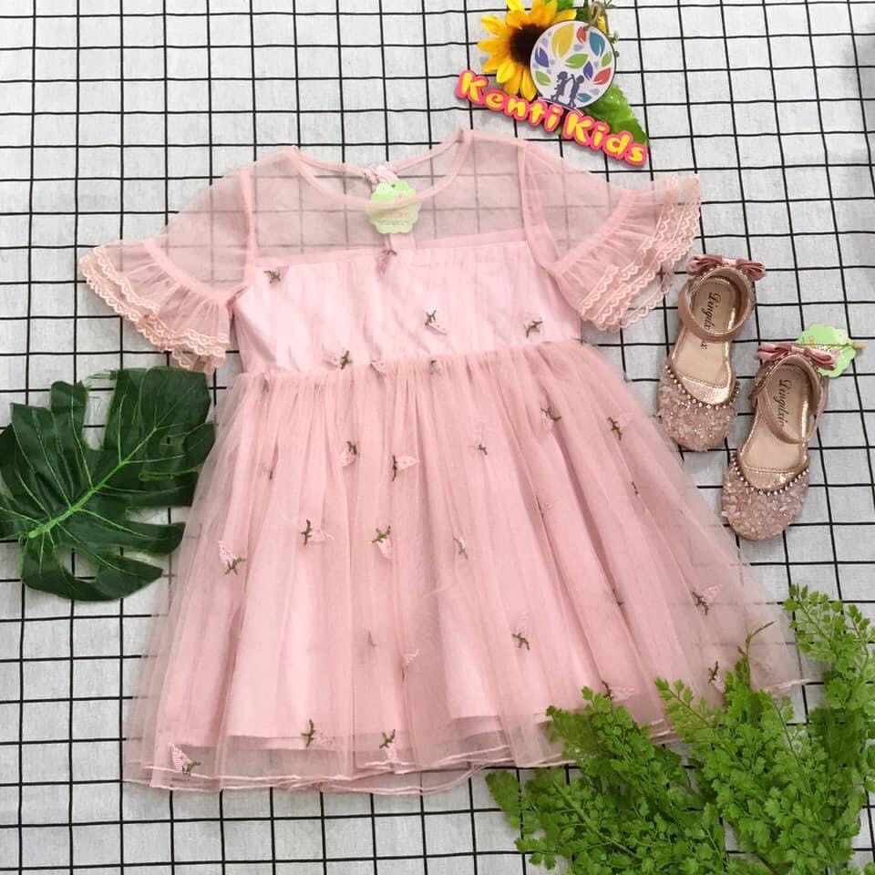 Đầm Bé Gái Chất Voan KenTi Kids Thiết Kế Dáng Xòe Dễ Thương, Phối Tay Bèo Họa Tiết Cà Rốt Thêu