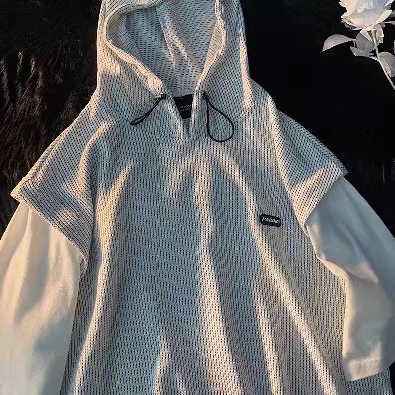 Set Áo Hoodie Giả Hai Lớp Phối Quần Short Thời Trang Hong Kong Cá Tính Cho Nam