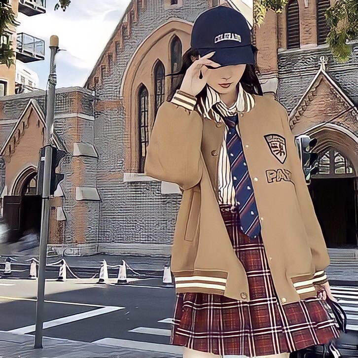 Áo Bomber Ulzzang nâu nữ Paris ngực cúc bấm - dáng rộng thêu Logo
