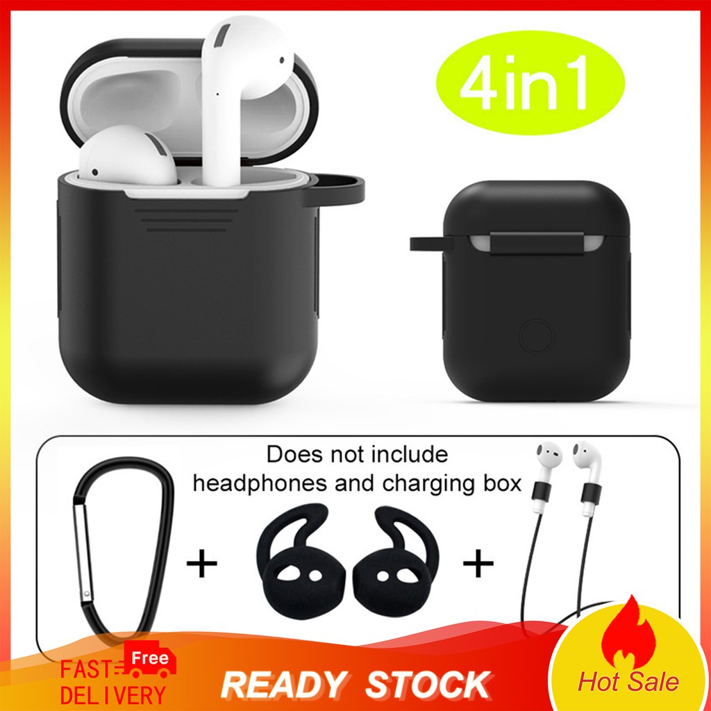 Bộ vỏ bảo vệ hộp sạc tai nghe + móc treo + móc tai nghe + dây đeo giữ tai nghe bằng silicon