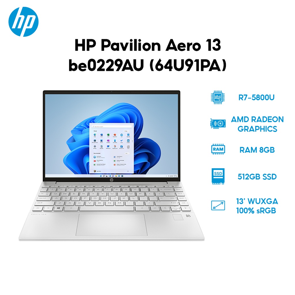 [Mã ELHP15 giảm 10%]Laptop HP Pavilion Aero 13-be0229AU (64U91PA) (R7-5800U | 8GB | 512GB | 13' WUXGA 100% sRGB | W11