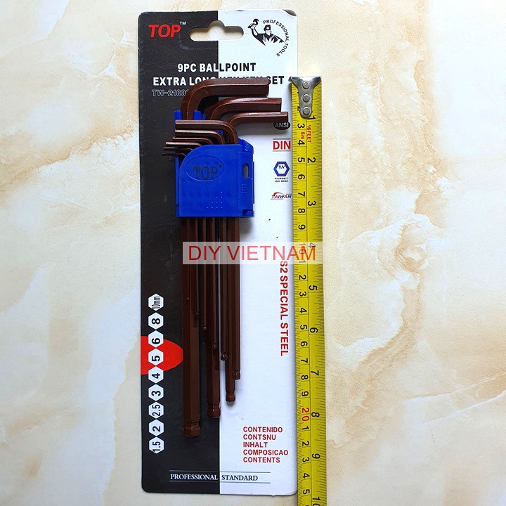 Bộ Lục Giác Đầu Bi Hãng TOP Đài Loan 9 Cây Chữ L 1.5-10mm Chiều Dài 25mm, Chất liệu thép CR-V6150, chống ăn mòn và chịu