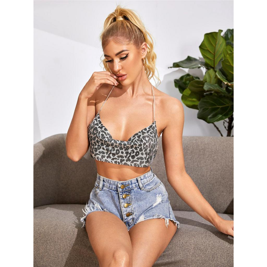 DUNEA Áo kiểu phối dây xích kim loại đính kim sa lấp lánh thời trang quyến rũ dành cho nữ