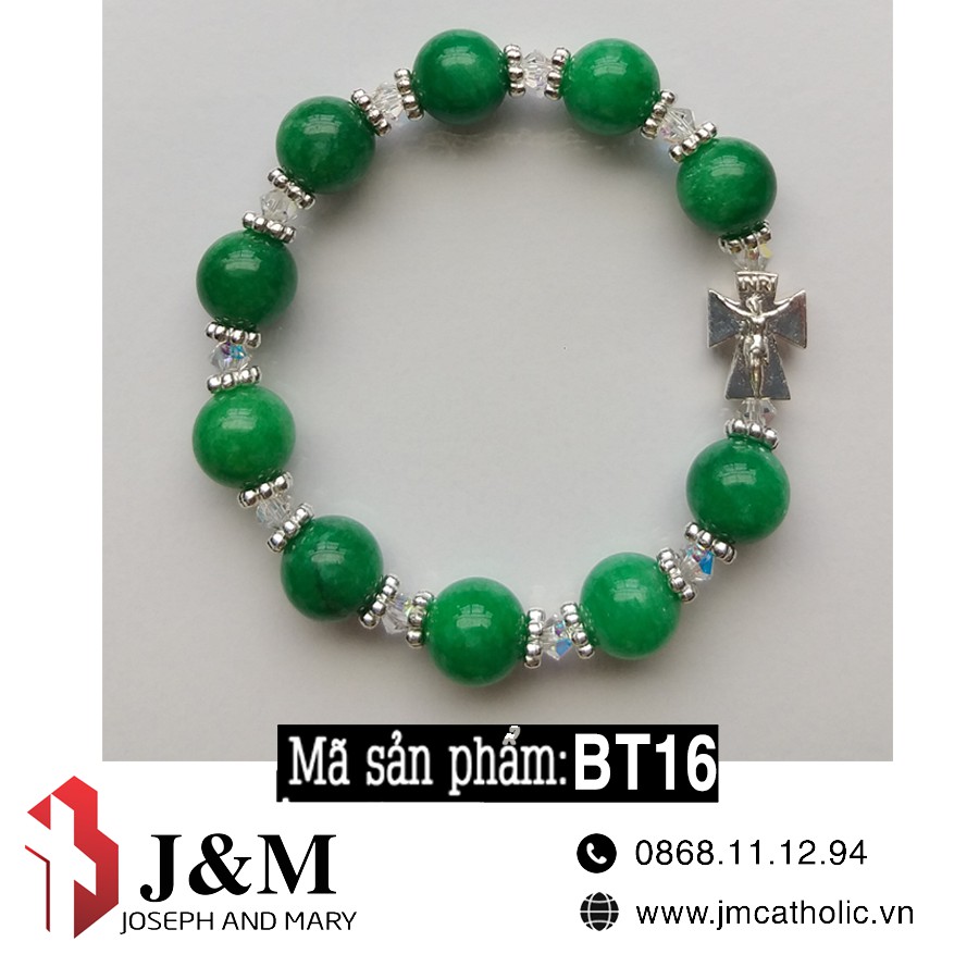 Chuỗi Mân côi tràng hạt đeo tay đá CT màu xanh Thánh Giá bạc đẹp 10mm