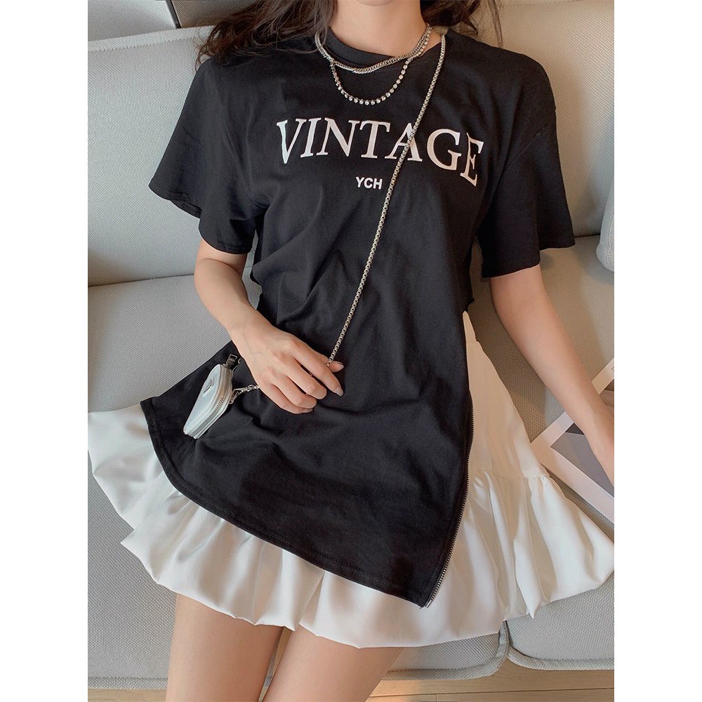 Set Áo Thun Đen Thụng Vintage Mix Chân Váy Trắng Xoè - Set Áo Phông Xẻ Vạt + Chân Váy - Bộ Đồ Váy Đầm Nữ In Chữ