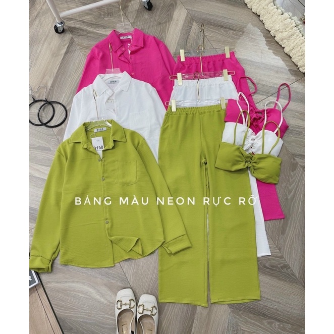 Set 3 món áo bra cúp ngực+khoác sơmi+quần suông dài trắng/xanh lá/hồng cánh sen, bộ hotgirl sang trọng quyến rũ gợi cảm