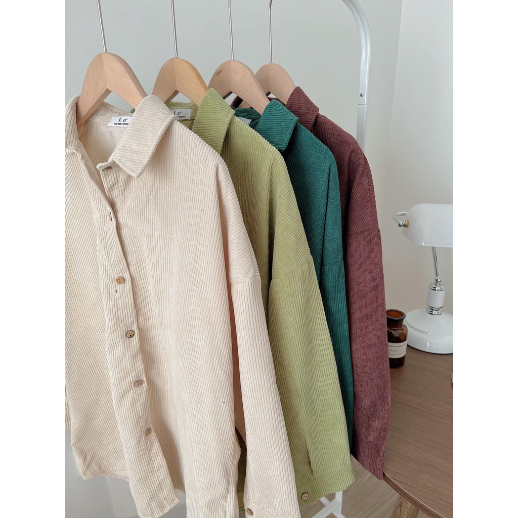 [Ảnh thật/Sẵn] Áo sơ mi nhung tăm trơn dài tay oversize form rộng ulzzang