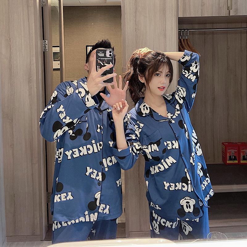 Set đồ ngủ tay dài in hình chuột Mickey dễ thương thời trang thu đông cho cặp đôi T6lD