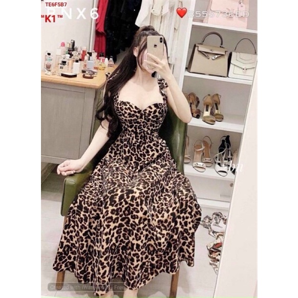 Đầm hai dây dáng xoè có mút, Váy nữ dự tiệc hoạ tiết da beo, maxi cánh tiên đi biển