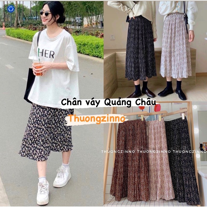 Chân váy hoa xếp li nhỏ Chân váy hoa nhí vintage dáng dài hàng Quảng Châu