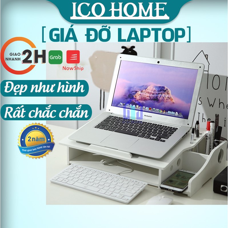 Giá để máy tính laptop bằng gỗ để bàn có khay đựng bút, đế tản nhiệt - Ico Home