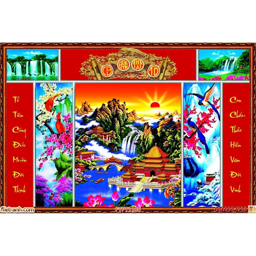 Tranh in 3D dán phòng thờ, bàn thờ gia tiên nhiều mẫu
