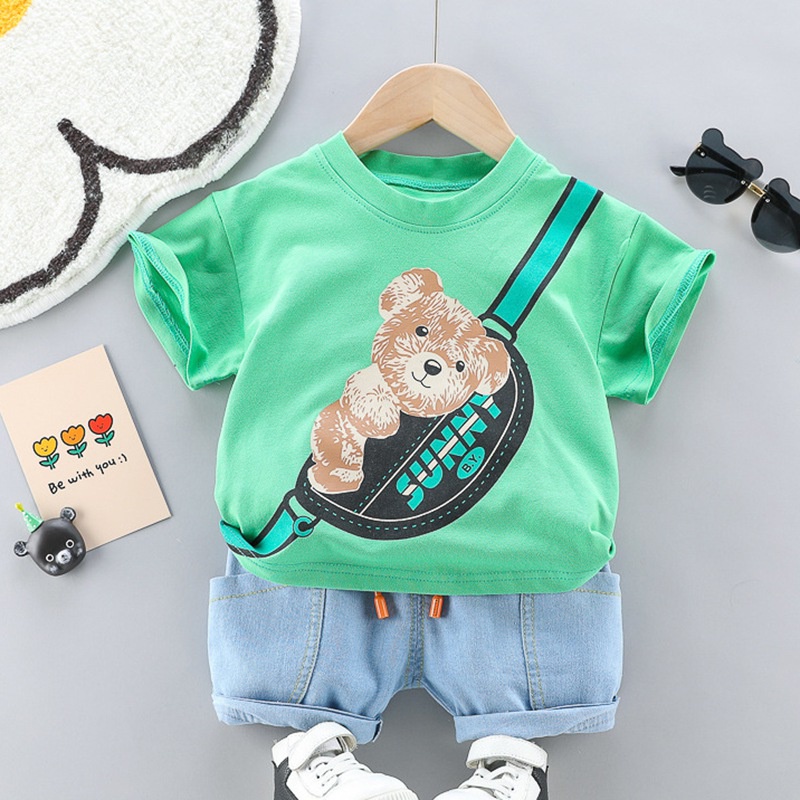 Bộ áo thun tay ngắn in hình hoạt hình + quần đùi denim thời trang mùa hè dành cho bé trai từ 0-4 tuổi