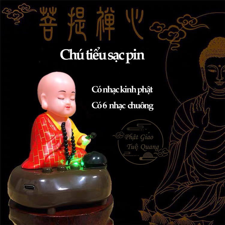 Tượng Chú tiểu gõ mõ năng lượng mặt trời có nhạc sạc pin - phật giáo tuệ quang
