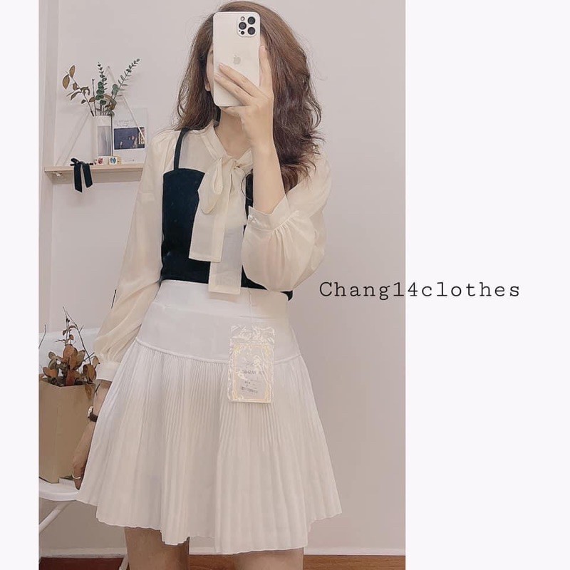 [ Mã FADIRECT20 giảm 20K đơn 150K] Chân váy xếp ly cạp cạp dáng xòe hai màu đen trắng chất mềm dày