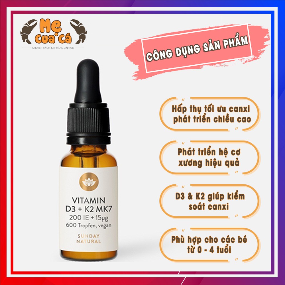 Vitamin D3 K2 Mk7 NATURAL Đức Cho Bé, Cho Trẻ Sơ Sinh Từ Sơ Sinh Đến 4 Tuổi Dạng Nước Uống 20ml