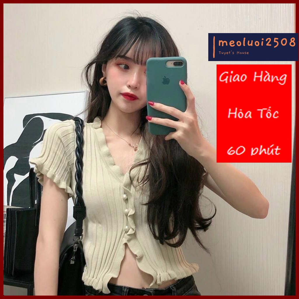 Áo Croptop Len Gân Motoghi Cổ V Bèo 3 Cúc Hot A13-1