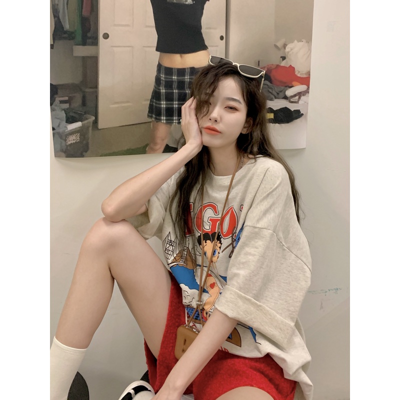Áo Thun Tay Lỡ Cổ Tròn In Họa Tiết Phong Cách Retro Thời Trang Hàn Quốc Cho Nữ