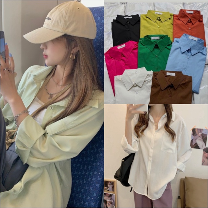Áo sơ mi nữ dài tay form rộng lụa hàn trơn A8207 kiểu ulzzang vintage hàn quốc cao cấp màu trắng xanh hồng đẹp-CHAKOVET