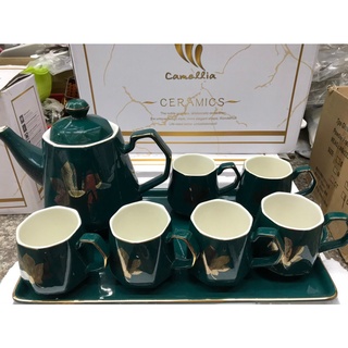 Bộ ấm chén sứ xanh cổ vịt kèm khay lá vàng