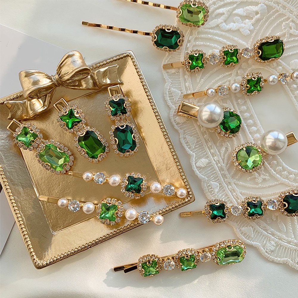 Kẹp Tóc Đính Đá Lục Bảo Phối Ngọc Trai Thanh Lịch Cho Nữ