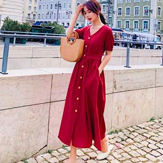 Đầm đỏ form dài bo eo v2 (kèm bình thật)
