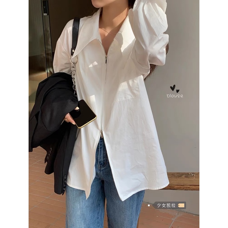 Áo Sơ Mi Tay Dài Màu Trơn Dáng Rộng Phong Cách Hàn Quốc Thời Trang Cho Nữ