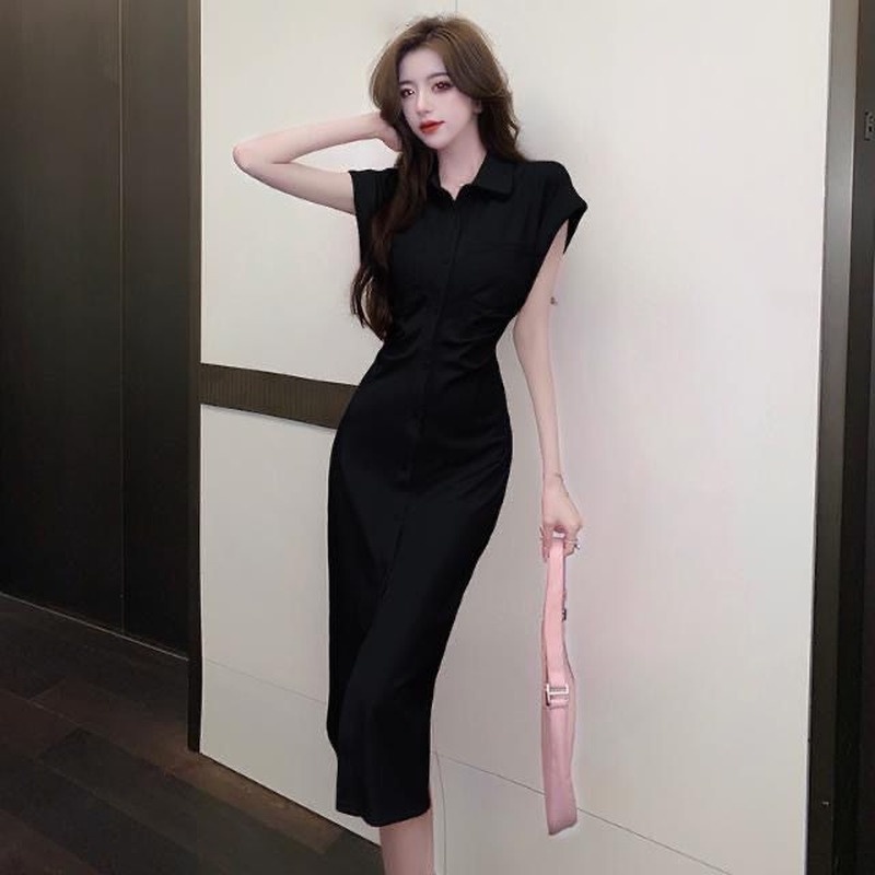 Đầm Không Tay Cổ Bẻ Xếp Ly Cài Hai Hàng Nút Thời Trang Mùa Hè Hàng Mới 2022