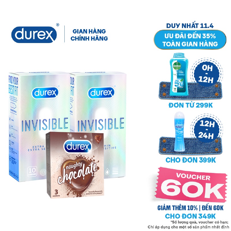 Bộ 2 Bao cao su Durex Invisible (10 bao/hộp) + Tặng 1 hộp Durex Naughty Chocolate (3 bao/hộp)