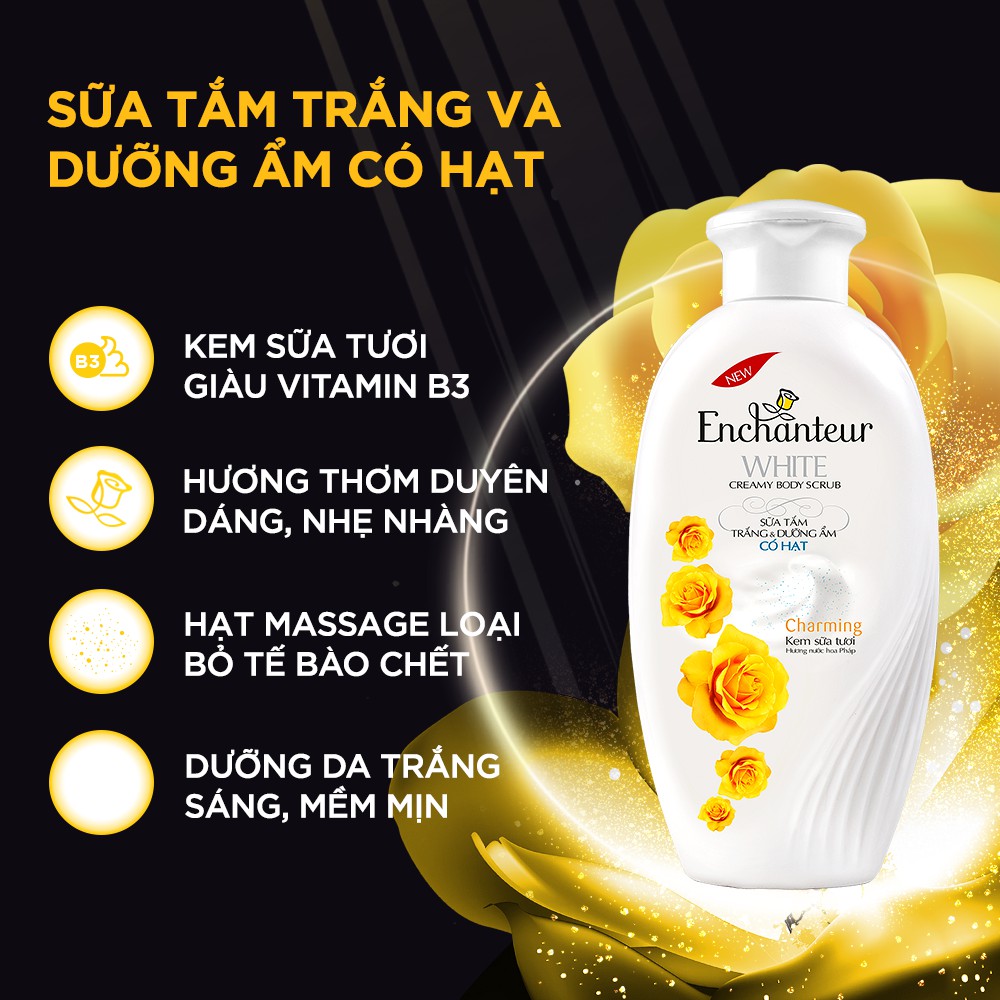 Sữa tắm trắng và dưỡng ẩm có hạt Enchanteur Charming white creamy body scrub 180gr