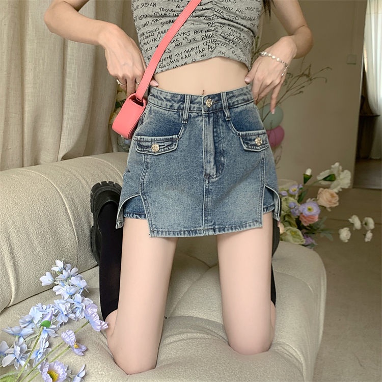 Jiashucheng Chân Váy Denim Mini Lưng Cao Xẻ Tà Phong Cách Mới Cho Nữ