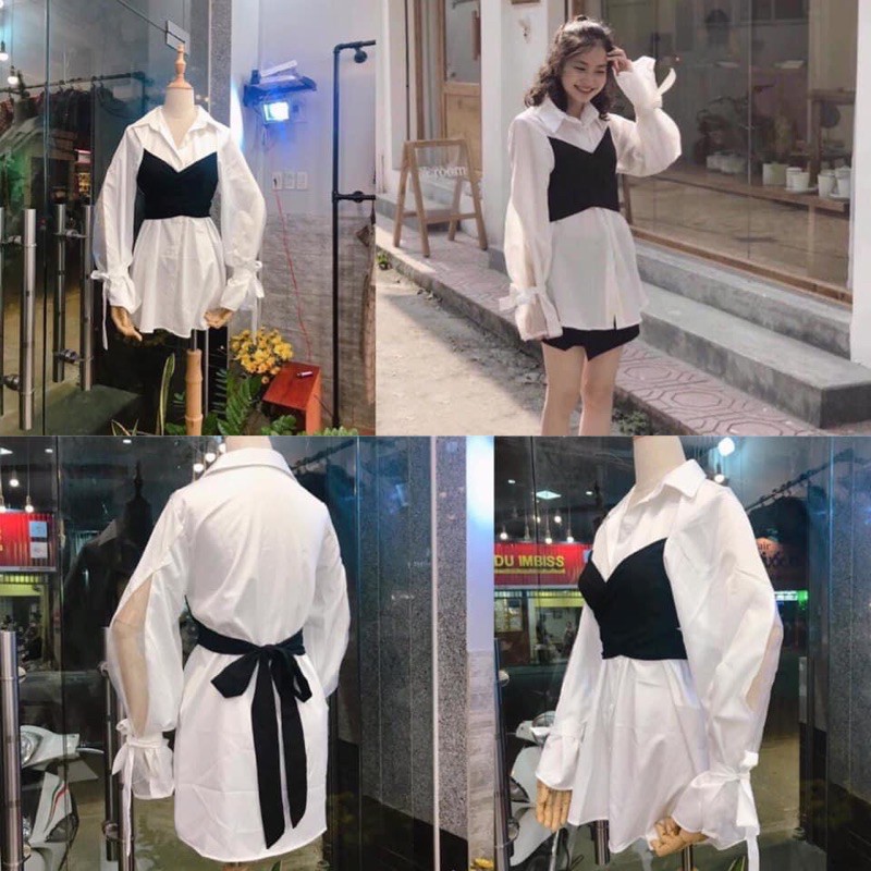 ÁO GIẤU QUẦN DOUBLE SHIRT DÁNG DÀI - ÁO SƠMI LIỀN TAY ĐẮP CHÉO CỘT NƠ ĐEN PHÍA SAU -ĐẦM ulzzang