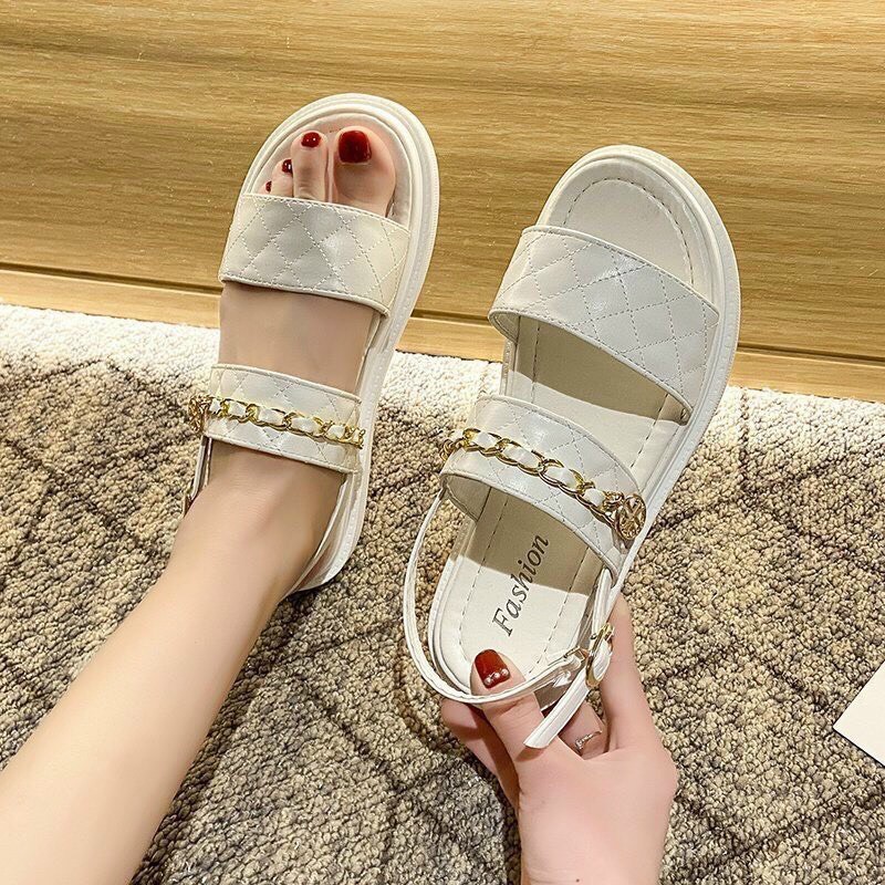 (freeship)giày dép sandal nữ quai da kẻ caro phối khoá vàng quai trên