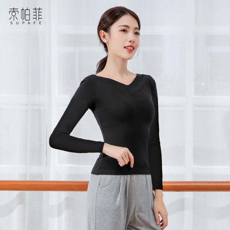 Áo Thun Tay Dài Cổ Chữ V Màu Đen Dùng Tập Nhảy Latin Cổ Điển Cho Nữ