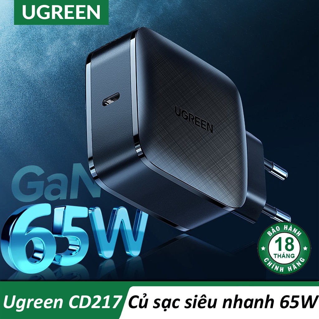 Củ Sạc Nhanh 65W GaN Quick Charge 4.0 3.0 Cổng Type C UGreen CD217 Cao Cấp - BH 18T Chính Hãng