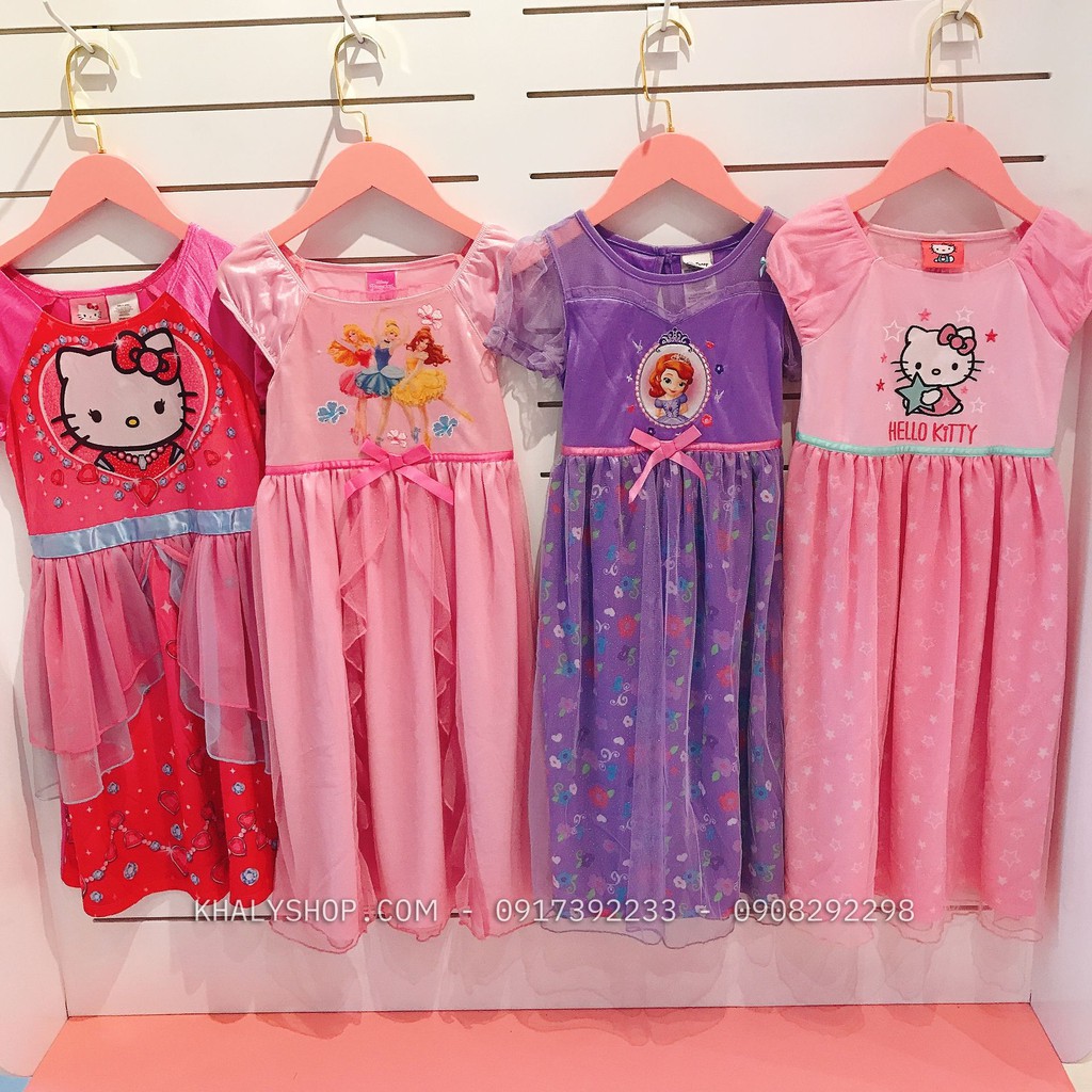 Đầm thun phối lưới trẻ em hình công chúa Princess, công chúa Sofia, Mèo Kitty size S cho bé gái 5 tuổi (Disney)