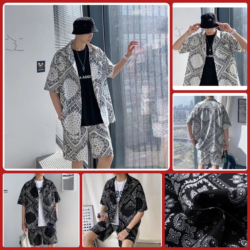 Set đồ đi biển gồm áo sơ mi tay ngắn dáng rộng họa tiết hoa và quần short phong cách retro Hàn Quốc cho nam