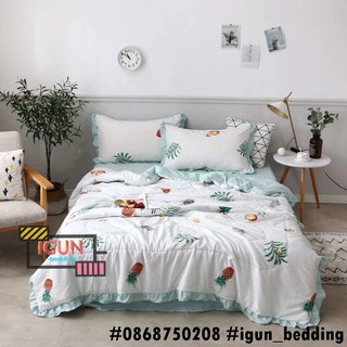 Bộ chăn ga gối đũi trần bông set dứa kẻ nhiệt đới 4 món nhập khẩu