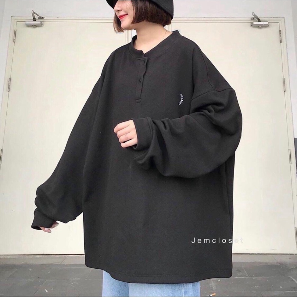 Áo Nỉ Bông Cổ Tàu Sweater Unisex/ Áo Thun Nữ Tay Bồng Dáng Rộng Cúc Cài 2 Màu