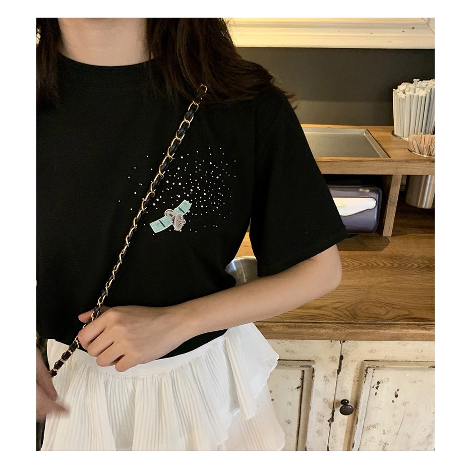 SUXI Áo Thun Ngắn Tay Thêu Hoa Xinh Xắn